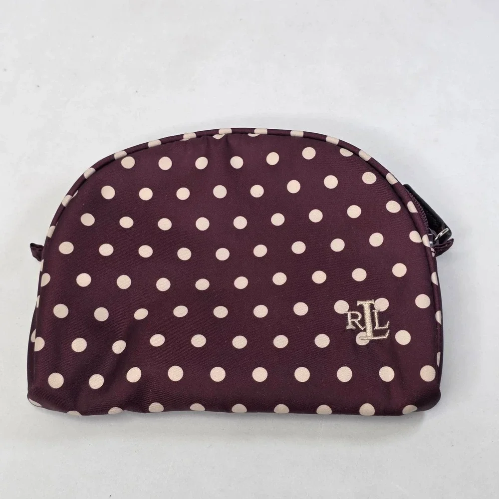 Lauren Ralph Lauren Burgundy Polka Dot Nylon Cosmetic Bag Dome Makeup Pouch